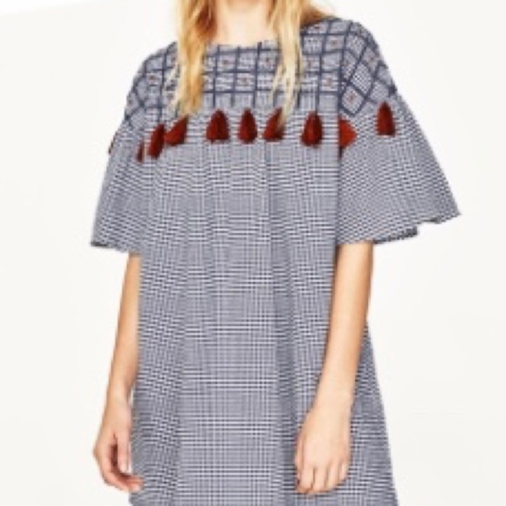 NWT Zara Checked Dress with Tassells